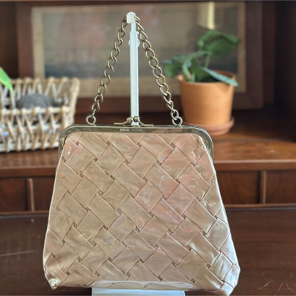 Vintage 1950s Woven Satin Handbag With Vinyl Overlay Chain Handle Gold - Picture 6 of 14